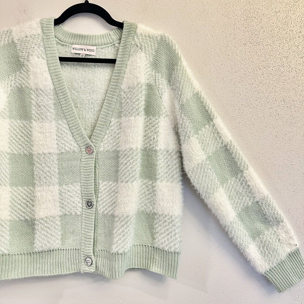 Willow and Wind Pale Green Plaid Cropped Eyelash Cardigan Sweater Sz M 90s - Picture 2 of 11